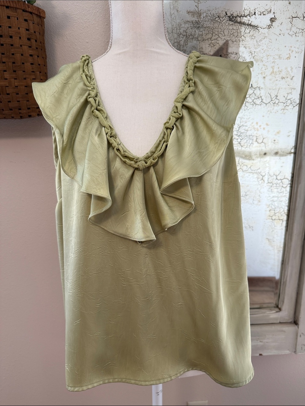 Liverpool Braided V-Neck Ruffle Camisole in Light Olive